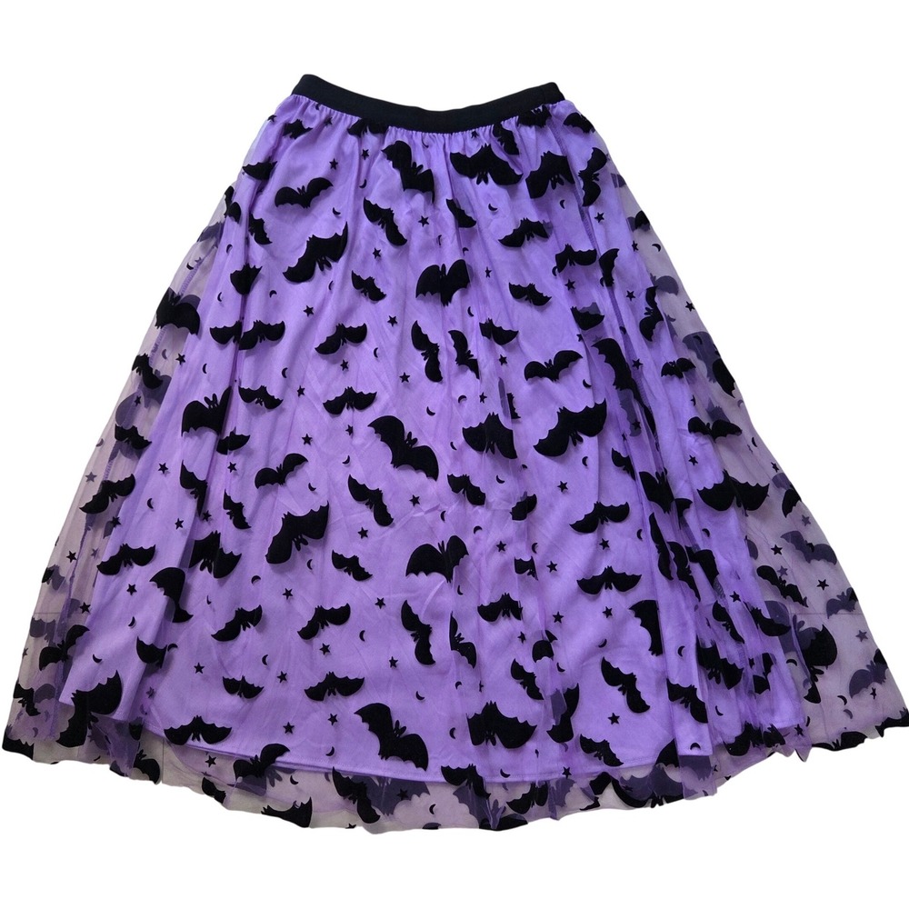 Chicwish Purple Bat Tulle Midi Skirt Halloween Gothic Velvet Flocked Mesh Star